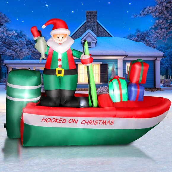 🆕8FT Christmas Inflatables Santa Claus Fishing on a Boat Outdoor Decorations - Picture 2 of 7